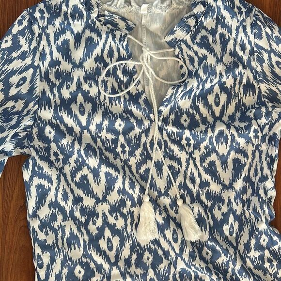 Farmhouse chic blue print short sleeve maxi dress with tassel size small - Picture 2 of 7